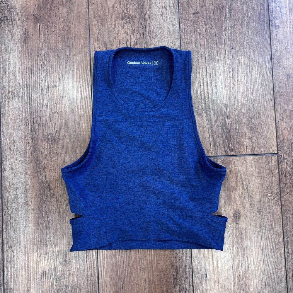OUTDOOR VOICES Blue Slashback Crop Top Sports Bra Size XS Athletic Gym Workout - Picture 2 of 7